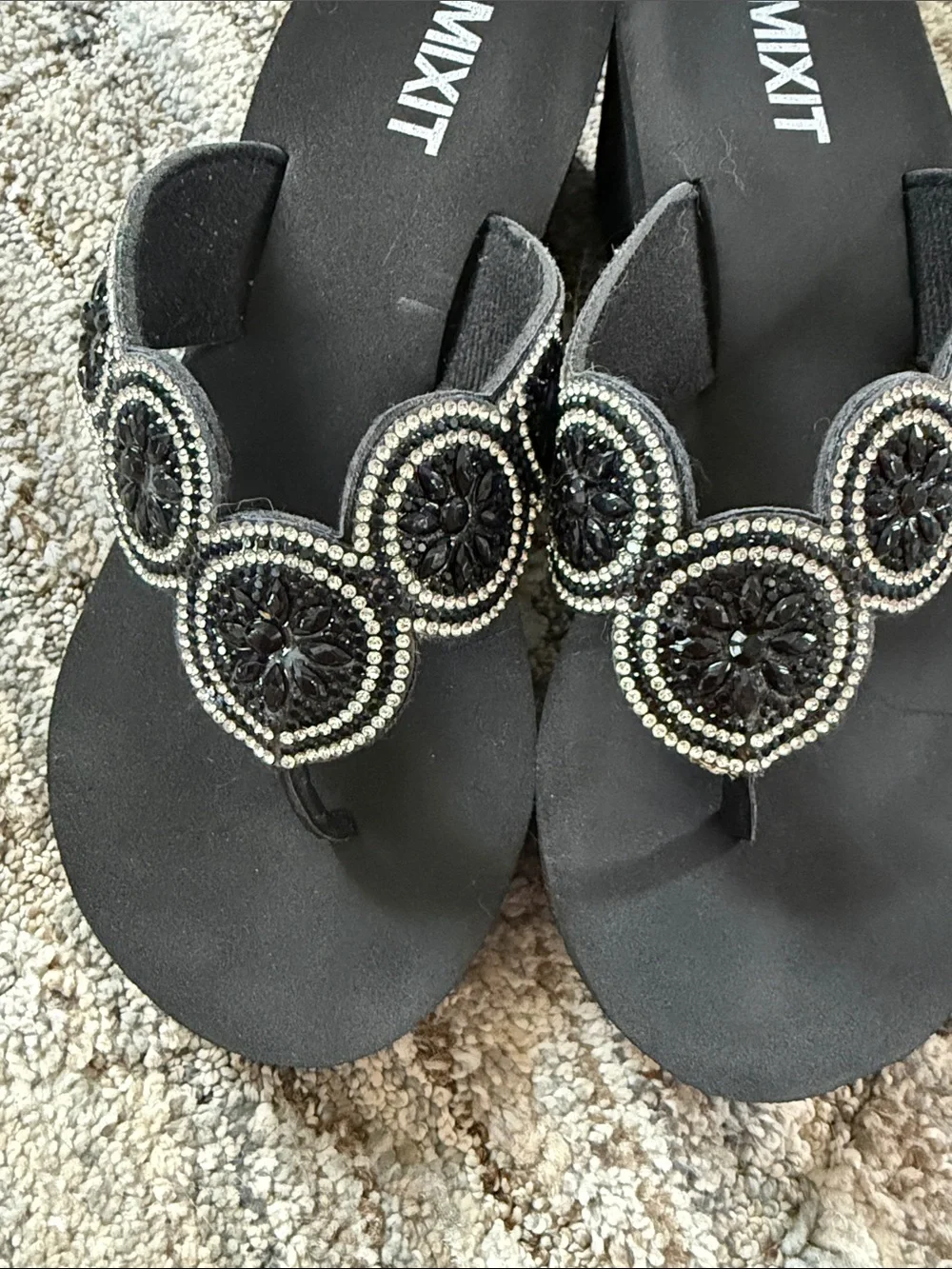 Mixit Black Beaded Wedge Thong Sandals with Silver Accents